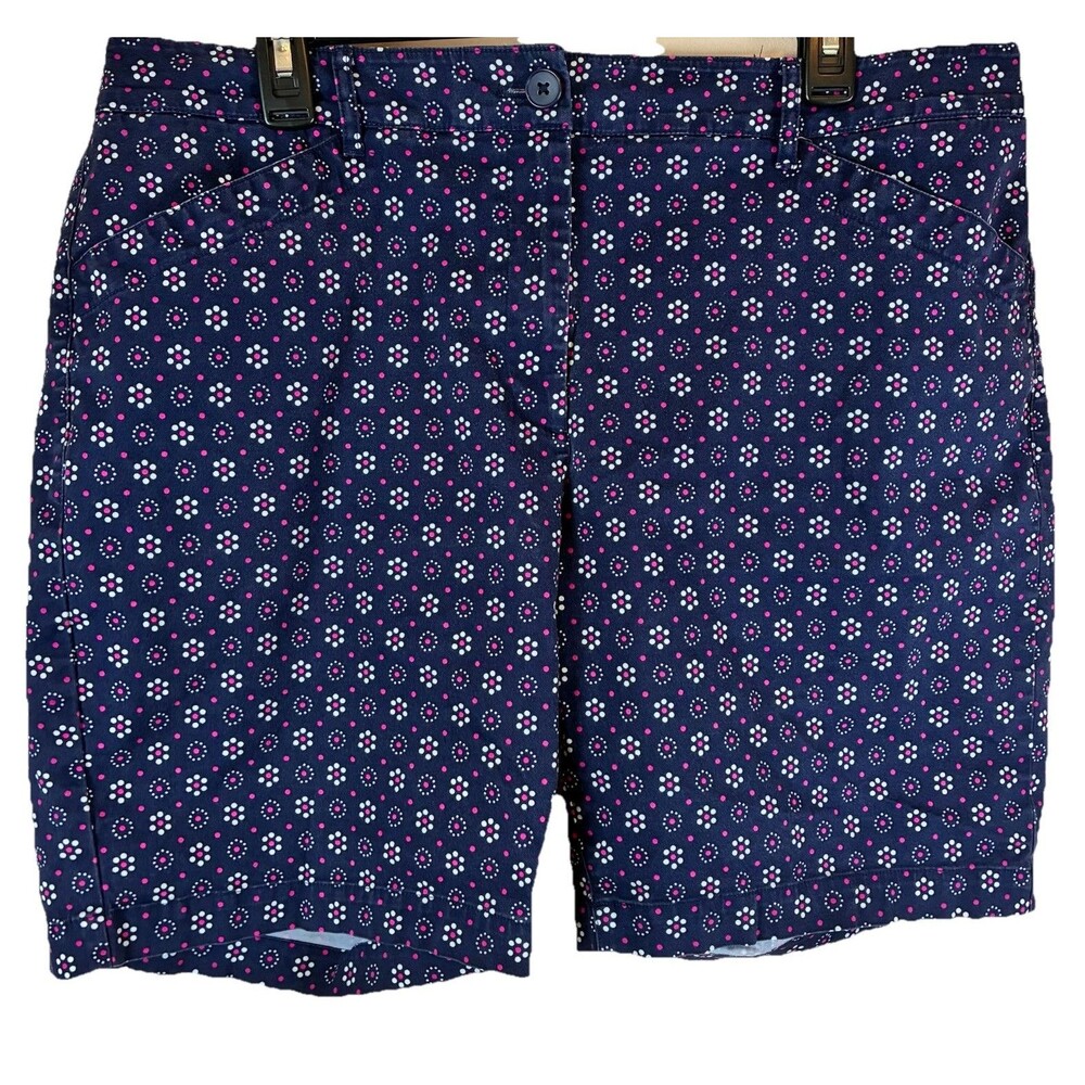 Talbots Women’s Size 16W Chino Shorts Navy Blue With Flowera Elastic Waist